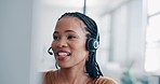 Consultant, call center and black woman consulting for crm, contact us and telemarketing in office, happy and smile. Customer support, woman and customer service agent friendly conversation or advice