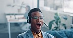 Black businessman, call center and winner celebrating victory, deal or sale in telemarketing at office desk. Happy African American man consultant in celebration for online promotion or achievement