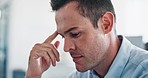 Thinking, stress and business man working on computer in office, worry and unhappy. Burnout, glitch and working entrepreneur stressed for mistake, deadline and pressure while overwhelmed with anxiety