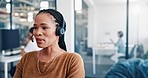 Customer service, call center and black woman consulting for crm, telemarketing and online support in office. Customer support, woman and agent friendly, smile and happy, help and friendly discussion