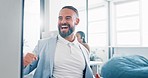 Happy, computer and businessman celebrating in office, email and good news of promotion or sale. Stock market, success and man excited, cheerful and victory while reading online review or results 