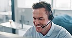 Call center, business man and smile for success in telemarketing sales, customer services or virtual consulting. Telecom, technical support or ecommerce consultant, agent or help desk worker talking