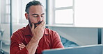 Thinking, tired and senior business man working on a computer feeling stress from engineer job. Digital, office laptop and engineering anxiety of a employee with fatigue planning a online project