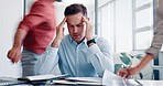 Stress, overworked and headache with businessman multitasking audit, schedule and compliance. Tired, accountability and mental health with employee and documents for burnout, frustrated and deadline