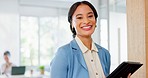 Business woman, tablet and portrait of a digital software developer employee in a office. Tech research, server management and seo innovation worker with mockup ready for fintech growth and strategy