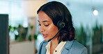 Business woman, call center and telemarketing for customer support, advice or help with headset at the office. Female employee consultant or agent talking and working on computer in online sales