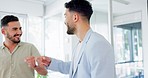 Office, fist bump and men greeting at work with smile walking in lobby of creative startup together. Hello, trendy business friends and excited employees greet with hands, happy smile and friendship.