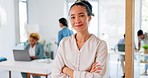 Arms crossed, pride and portrait of a business woman with confidence, happiness and smile in office. Expert, success and employee with trust, smiling and happy about job at a corporate company