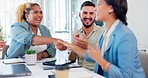 Business, woman and leader handshake employee, applause for promotion and welcome new agent. Corporate, female employee shaking hands and manager with staff clapping and celebration for achievement