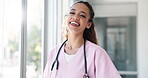 Laughing woman, face and pediatrician nurse with hospital ideas, life insurance vision or trust help. Happy, smile or portrait of medical healthcare worker with childcare wellness goals or motivation