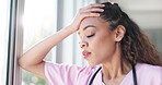Nurse, thinking or stress headache by window in hospital, clinic or wellness theater and mental health burnout or anxiety. Exhausted, fatigue or tired healthcare woman in surgery mistake or work risk