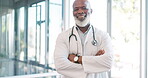 Mature man, face or doctor arms crossed and hospital surgery ideas, life insurance vision or medical wellness goals. Portrait, healthcare worker or medicine employee in help innovation or motivation