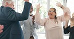 High five, diversity business people and clapping hands in office for teamwork, motivation and collaboration. Excited group of workers, applause and smile in company for success, winning or celebrate