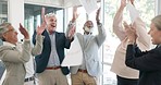 Senior business people, celebration and paper in air for success, goals or clapping in office together. Elderly corporate group, documents and applause for solidarity, diversity or happy in workplace