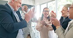 Applause, business people and hands stack for teamwork, office motivation and winning collaboration. Diversity, support and happy workers clapping hands in huddle for success, trust and celebration