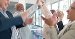 Applause, business people and high five in office for teamwork, motivation and collaboration. Diversity, group and happy workers clapping hands in company for success, winning support and celebration