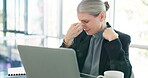 Laptop, stress or headache for mature woman, manager or CEO in financial crisis, 404 problem or business glitch. Anxiety, burnout or eyes pain for worker, employee or finance leader on tax technology