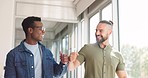 Business, men and fist bump for achievement, celebration and new contract with smile, bonding and office. Male employees, window or guys with hand gesture, happiness or corporate success in workplace