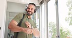 Dance, headphones and business man in office walking with energy, happy attitude and positive mindset. Motivation, freedom and male employee dancing listening to music, audio and radio in workplace