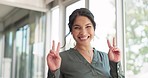 Happy, face and business woman with a peace sign walking in the office with a carefree, cool and goofy pose. Happiness, smile and portrait of professional female with chill hand gesture in workplace.