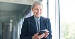 Business woman, office phone and laughing at funny, comic joke or meme on social media. Technology, cellphone and happy senior female walking in lobby with mobile smartphone for web browsing or text.