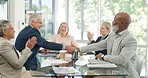 Partnership handshake, applause and business people in office to celebrate merger deal or b2b collaboration. Welcome, thank you and group of employee shaking hands and clapping for congratulations.