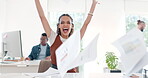 Celebration, dance and business woman throw paper in office to celebrate goals, targets or achievement. Winner,  documents in air and happy black female celebrating winning, success and laughing.