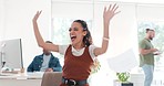 Business, black woman and papers in air for achievement, celebration and happiness in office. African American female employee, consultant and agent excited, promotion and throw documents with smile