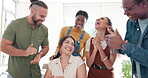 Goals, applause or happy woman with success in celebration of digital marketing sales target or deal. Girl winner, wow or excited worker smiles with pride to celebrate winning online at office desk