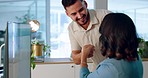 Business people, teamwork and fist bump by computer in office for support, motivation and team building. Pc, solidarity or employees, man and woman with hand gesture for partnership, success or unity