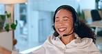 Call center woman, winning and success, celebration of achievement and CRM, happy employee with target bonus. Contact us, customer service or telemarketing win, sales reward with headset and screen