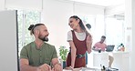 Flirting, laughing and talking business people at work, funny conversation and happiness in an office. Comic, communication and smiling woman being flirtatious with a man while working together