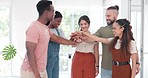 Teamwork, applause and business people with hands stack  in office for motivation, team building or unity. Celebration, clapping and group of happy employees in huddle for goals, targets or mission.
