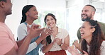 Winner, applause and motivation with a business team clapping together in their office for success. Wow, growth and partnership with a man and woman employee group in celebration of a goal or target