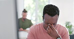 Stress, anxiety and mental health with a business black man removing his glasses while suffering from a headache at work. Burnout, frustration and migraine with a male employee working in his office