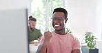 Computer, celebration and excited black man happy for ERP software, cyber security system or coding success. Information technology, ai developer or programmer cheer for code programming achievement