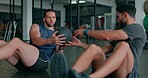 Men, gym and core workout with kettlebell for muscle development, strong body and goals on floor. Fitness teamwork, bodybuilding and partnership for wellness, health and exercise vision in mma studio