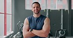 Man, gym and fitness portrait for training, exercise and a healthy lifestyle with a smile for motivation. Face of person with health and wellness goals, energy, and performance with arms crissed
