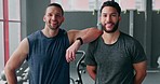 Fitness friends, men and portrait for exercise, workout and training support or motivation together. Happy people train for health and wellness goals, achievement and sports performance with a smile