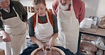 Pottery, group and teacher mold clay in studio or workshop learning with instructor woman, coach or trainer. Lesson, art and people practice hobby, arts or crafting handmade ceramic mug, cup or bowl