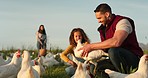 Mother, father and child with a chicken on a farm playing having fun farming and harvesting organic poultry livestock. Happy family, mom and dad enjoy quality time, memories and bonding with a girl