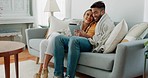 Couple, happy or tablet for communication, networking or social media app at home. Movie, video or love man and woman relax in living room streaming online, internet or website with smile in house