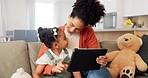 Tablet, learning and black family on education app in home for remote teaching with happy child. Living room, teacher and smile of mother helping daughter with educational internet application.