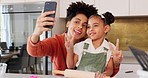 Mother, girl and phone selfie while cooking in kitchen, bonding and having fun. Learning, baking and mom, kid and 5g mobile for social media, picture or online post with victory hands or peace sign