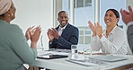 Success, black man or applause of business people in a meeting in celebration financial sales goals. Happy, deal or happy crowd of office employees clapping to support winning or target achievements 