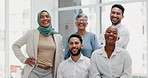 Diversity, team portrait and smile together in office for collaboration support, startup happiness and excited employees. Interracial teamwork, group solidarity and happy corporate goals motivation