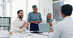 B2B, thank you and handshake business people applause for welcome, partnership or hiring contract on success deal. Trust, support and collaboration worker shaking hands at end of business meeting.