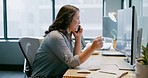 Computer work, call and business woman on a computer working on networking communication. Digital, web statistics and company employee talking about corporate strategy and innovation on a pc