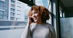 Black woman, phone call and business conversation at office building window while happy and talking. Entrepreneur person on coffee break with smartphone for networking, communication or city proposal