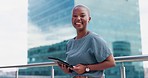Black woman, business and tablet portrait in city for online communication, networking or trading. Entrepreneur person with urban buildings and 5g network connection for writing email on mobile app